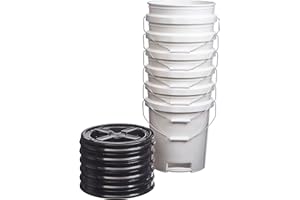 Consolidated Plastics 5 Gallon White Food Grade Buckets with Bottom Grip Handle & Gamma Seal Lids, BPA Free Container Storage, Durable HDPE Pails, Made in USA (6 Pack, Black Lids)