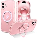 BENTOBEN Magnetic for iPhone 16 Plus Case, Wavy Curly iPhone 16 Plus Phone Case with Ring Stand [Compatible with MagSafe] Translucent Matte Shockproof Protective Cover for 16 Plus 6.7'',Tender Pink