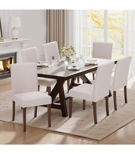 RIVOVA Mid Century Modern Dining Chairs Set Of 4 Upholstered Linen Fabric Dining Chairs Curved Backrest Farmhouse Dining Room Chairs Kitchen Chairs With Wood Legs, Beige - Chairs