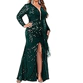 Madam Uniq Women 1920s Long Sleeve Sequin Dress Side Split Plus Size Formal Cocktail Wedding Guest Dresses Maxi Evening Gown