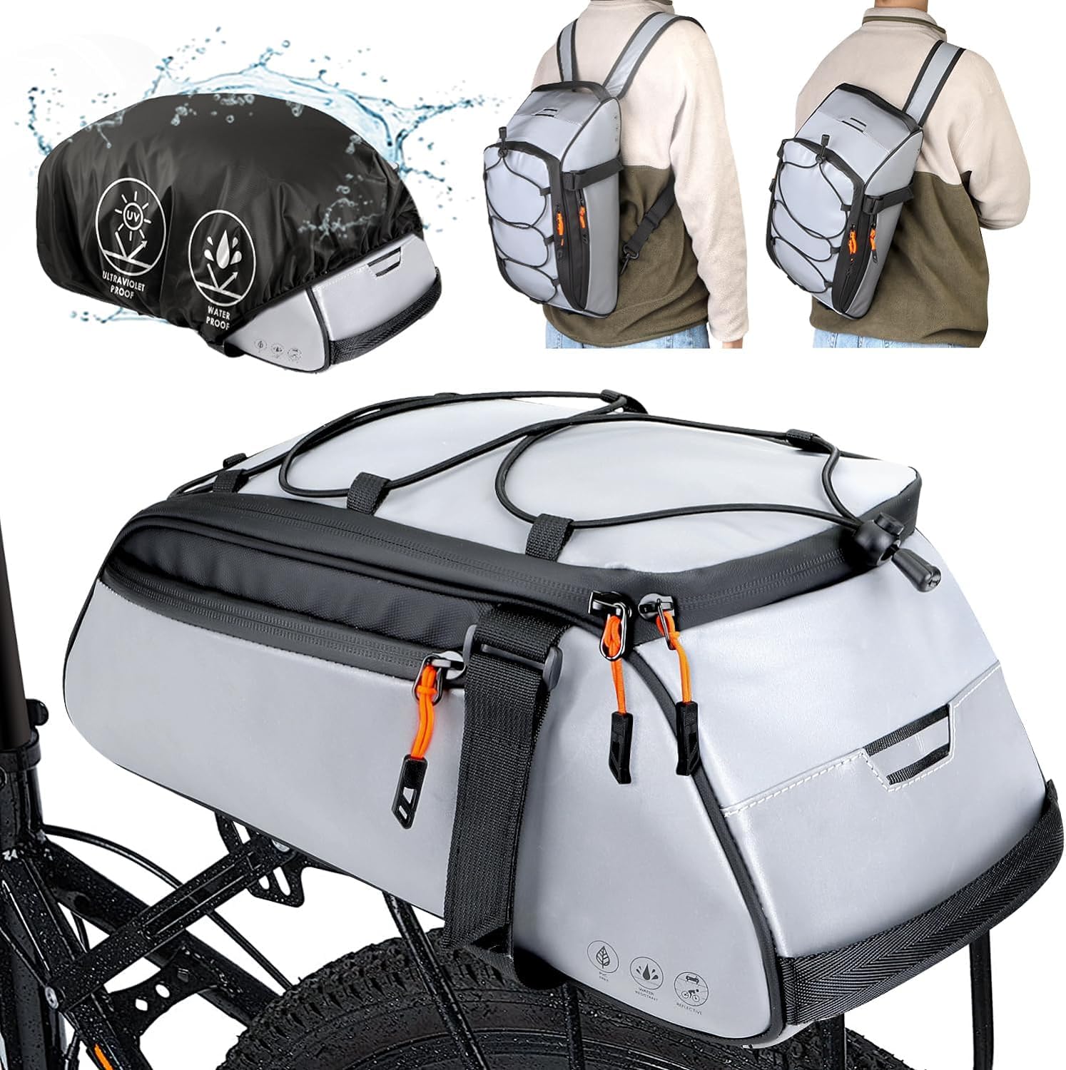 Eyein Bike Rear Rack Bag, 10L Waterproof Reflective Bicycle Trunk Bag, Cycling Rear Seat Carrier Backseat Storage Luggage, Shoulder Strap for MTB E-Bike