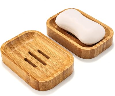 GUANJUNE 2 Pack Bamboo Soap Dish Holder for Bathroom & Kitchen Storage
