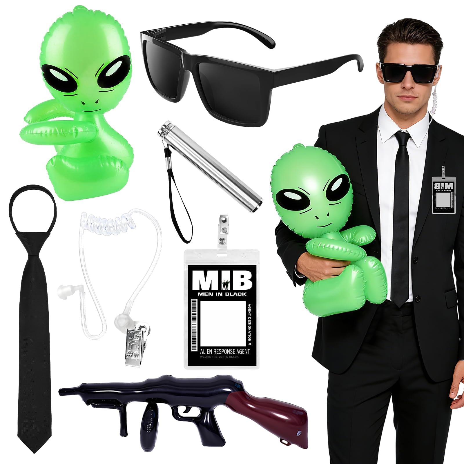 Kyndara 7Pcs Agent Costume Accessories Set for Men Women, Secret Security Guard Outfit Kit with Sunglasses Tie ID Badge Headphones Inflatable Alien for Adult Halloween Fancy Dress Costume Parties