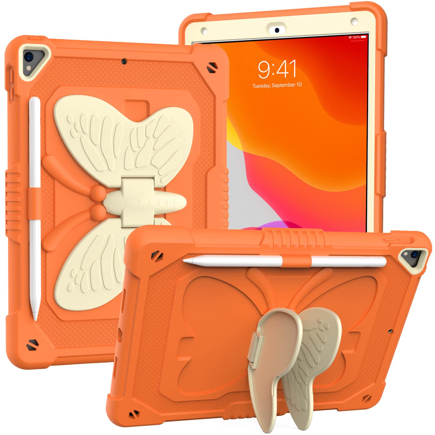 iPad 10.2 Inch 2021/2020/2019 Case with Shoulder Strap, Heavy Duty Shockproof Protective Case with Butterfly Mount for 9th/8th/7th Gen, White+Orange