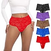 Yuamose High Waisted Lace Thongs Panties For Women Plus Size Retro Thong High Rise Lacy Underwear Pack 5 Size S-4XL