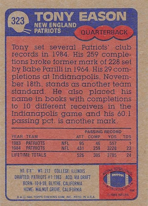 Amazon Com 1985 Topps 323 Tony Eason Patriots Nfl Football Card Rc Rookie Card Nm Mt Collectibles Fine Art