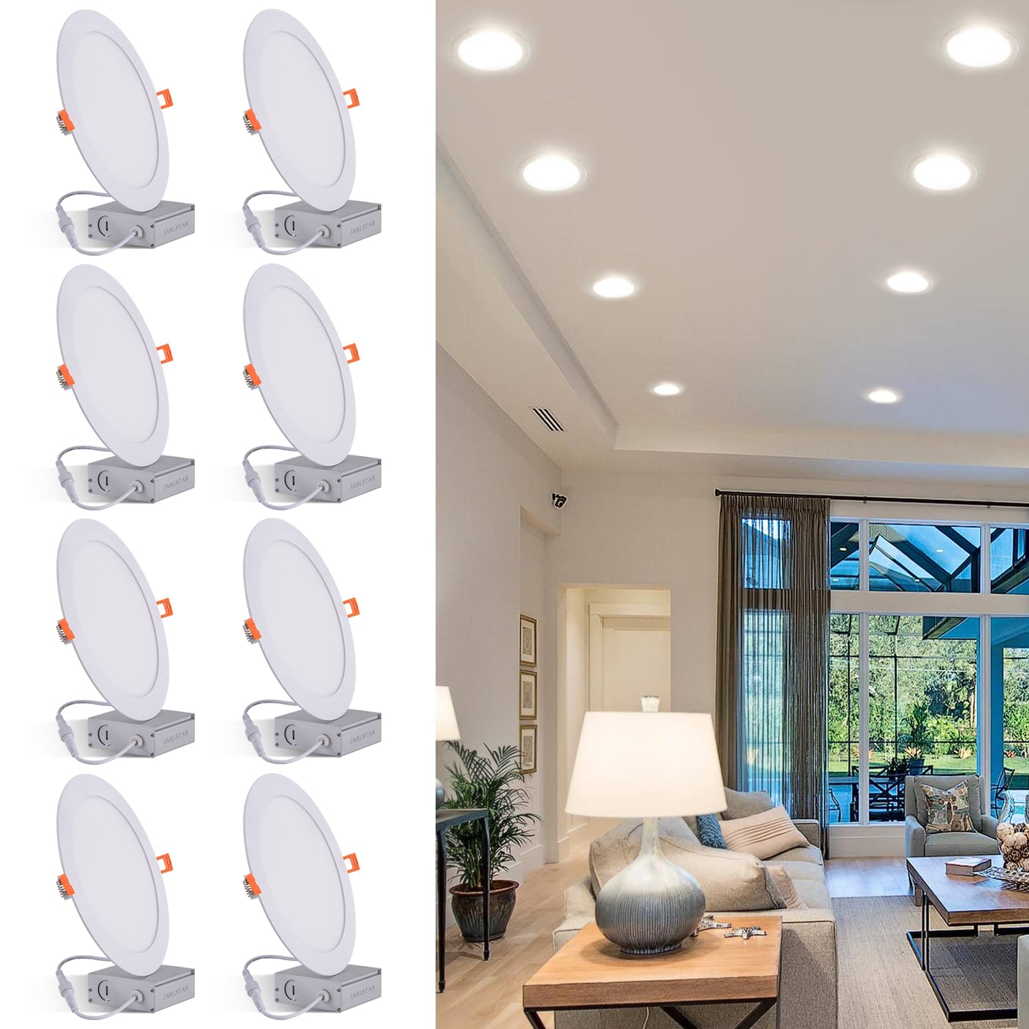 Photo 1 of JARLSTAR 8 Inch LED Recessed Light with Junction Box, 8Pack Ultra Thin LED Recessed Lighting.6000K Daylight, No Dimmable,18W 8" Recessed Ceiling Canless Wafer Downlight.Slim Can-Killer Lights,CRI80+