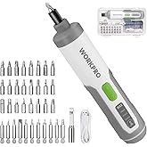 WORKPRO 4V Electric Screwdriver, Rechargeable Cordless Screwdriver Set with 35 Bits, Extension Rod, USB Charging Cable in Carrying Case, LED Light, White Gray