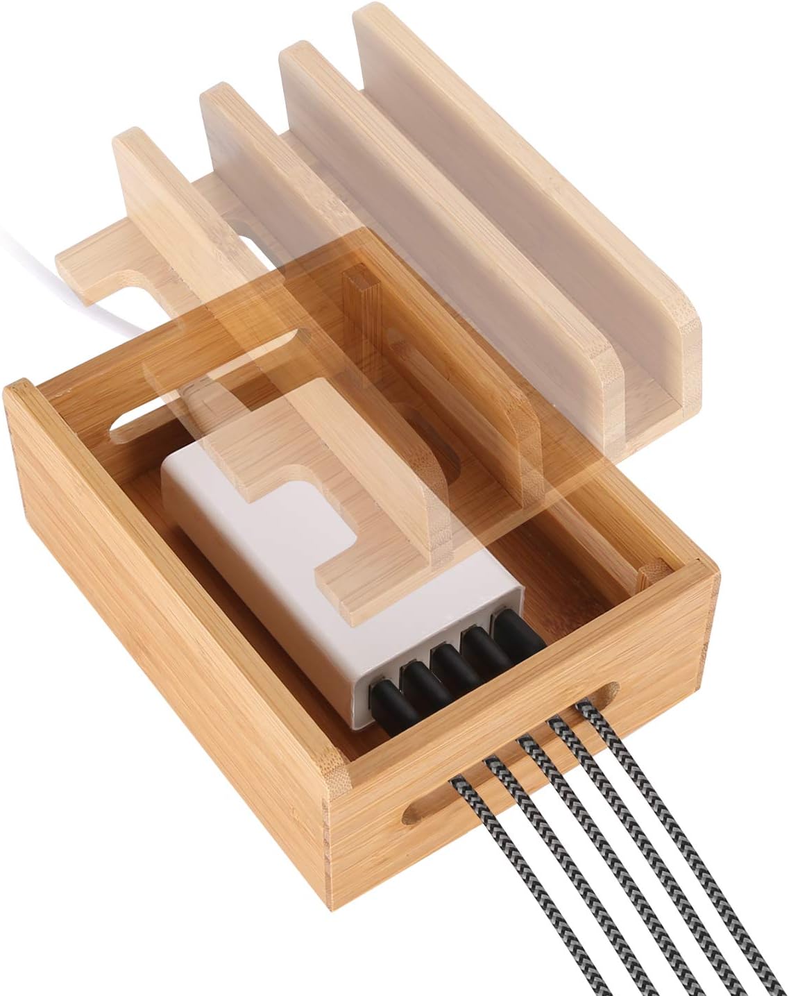 XPhonew Bamboo Wood Desktop Multi-device Cords Organizer Stand and Charging Station Charger Dock Cradle Holder for iPhone 14 13 12 11 Pro Max XS iPad Mini 4 5 Samsung OnePlus LG Smartphones and Tablet - Image 5