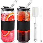 ASANMEYO 24oz Can Shaped Glass Cups with Silicone Lids and Glass Straw, 2PCS Drinking Glasses with Lids and Straws, and Silicone Sleeves, Beer Glasses, Iced Coffee Cups, Soda, Gift - Black