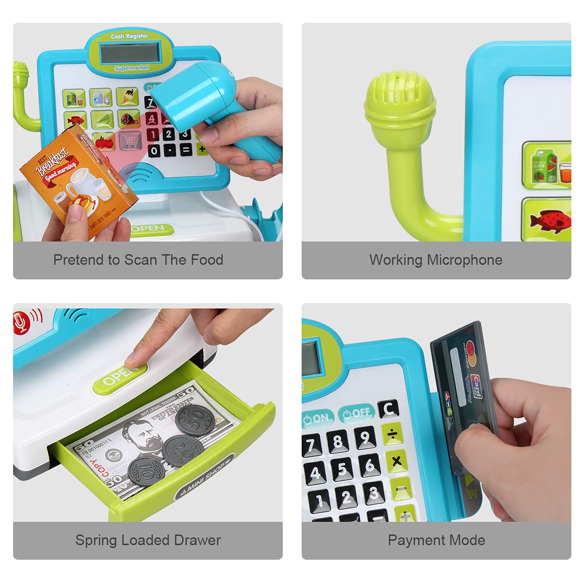 FS Pretend Play Cash Register Toys with Scanner, Calculator, Large Drawer, Microphone, Play Food, Supermarket Cashier Register Toy, Pre-School Gift for Kids, Toddlers, Boys & Girls, Ages 3 4 5 6 7 8