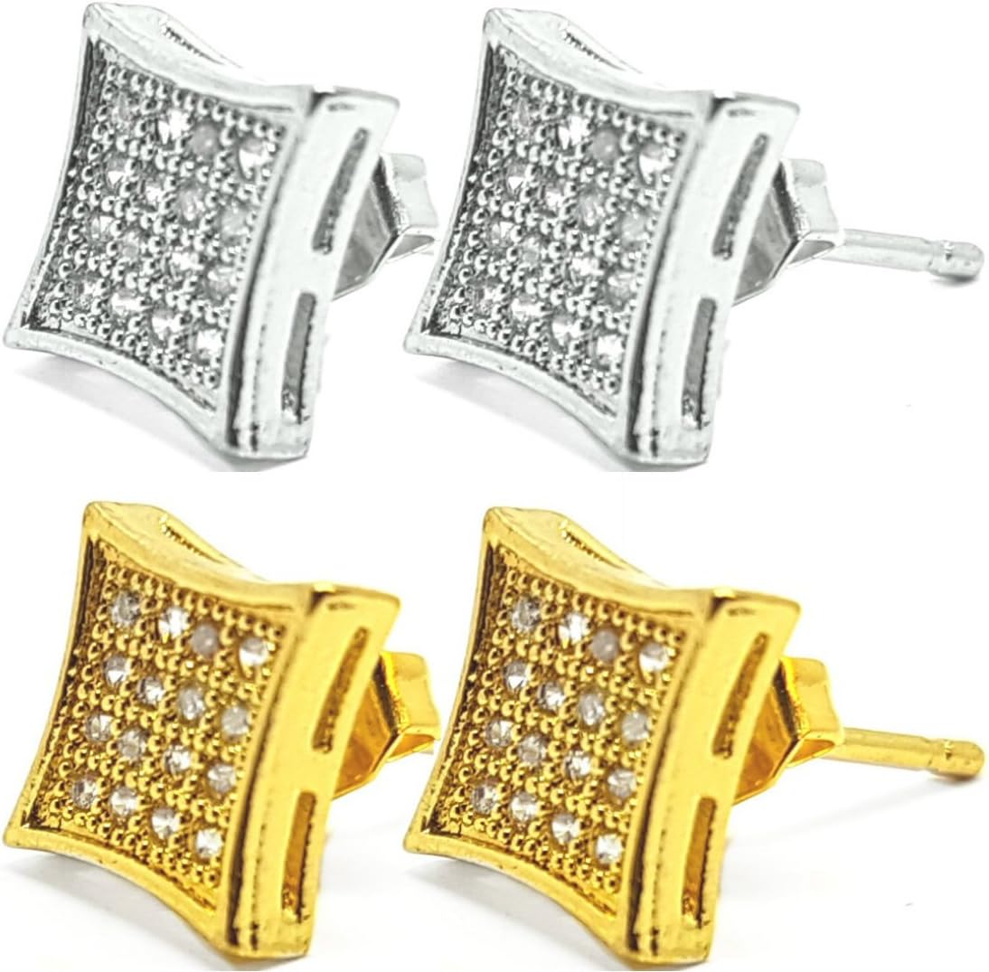 Ear Piercing Square Stud Earrings Gold Silver Crystal Iced Out Studs 7mm- 2 Pairs