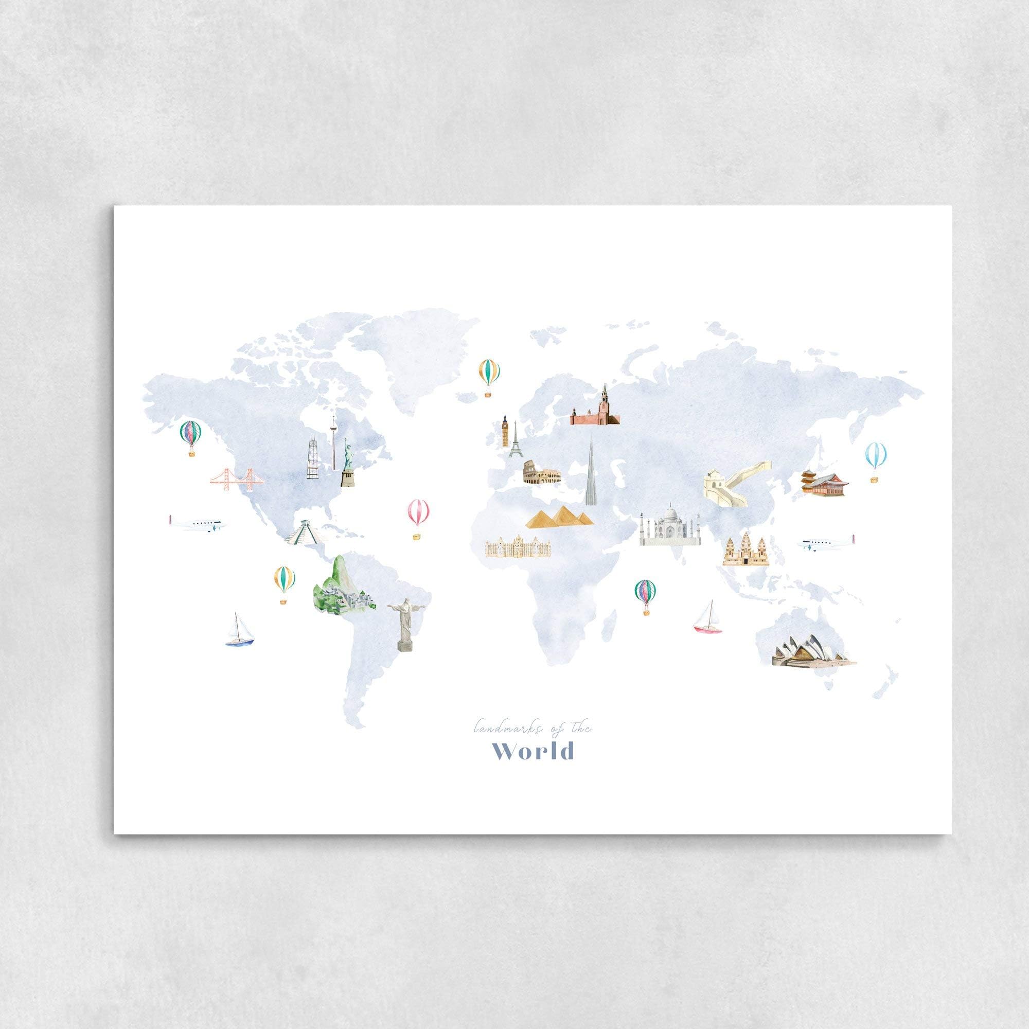 Landmarks of the World Map Art Print - 24 x 18 in