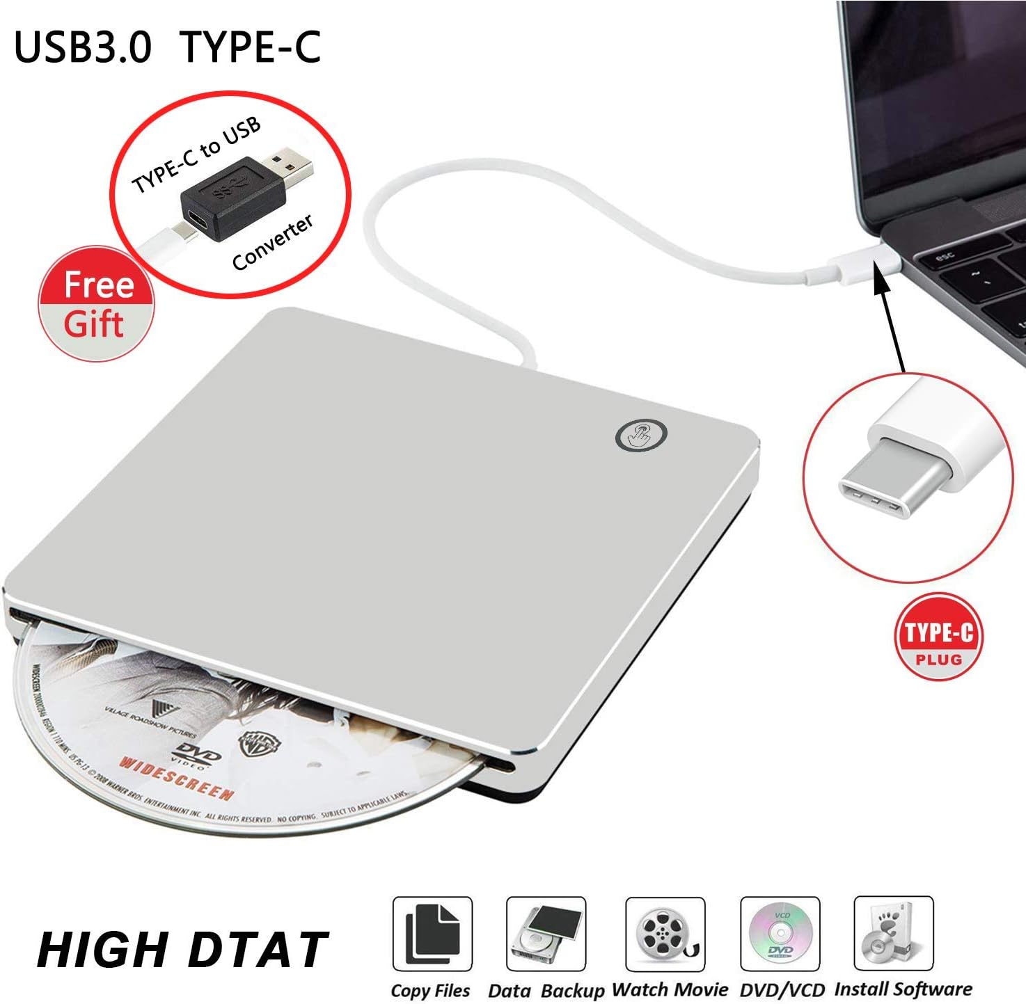 Hfong USB 3.0 External CD DVD Drive Burner Player Type-C Portable Slim DVD/CD ROM Super drive +/- RW Rewriter/Writer/Reader with High Speed Data for Laptop/Desktop Support Windows/Mac OSX