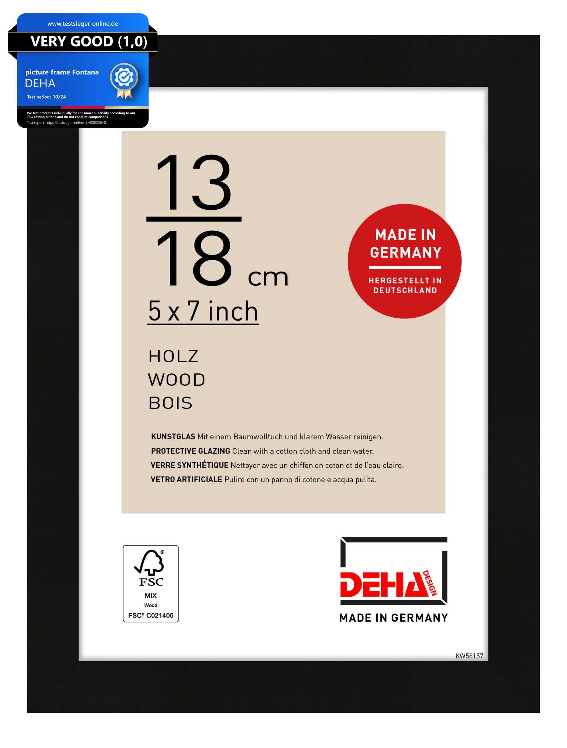 DEHA Design Fontana Wooden Picture Frame - 13x18 cm (5x7 in) – Black - with Synthetic Glass and Push/Turn Clips