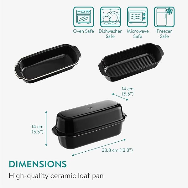 NAVARIS BREAD PAN WITH LID – CERAMIC BAKEWARE TIN FOR BAKING HOMEMADE SOURDOUGH LOAVES – STONEWARE LOAF PANS OR CAKE DISHES FOR OVEN – DISHWASHER SAFE TINS – 13.3 X 5.5(34 X 14CM)