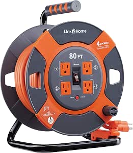 Link 2 Home Kabeltrommel 60 Fuß (18,3 M) – 4 Steckdosen, 14AWG SJTW-Kabel, Für Außenbereich & Garage