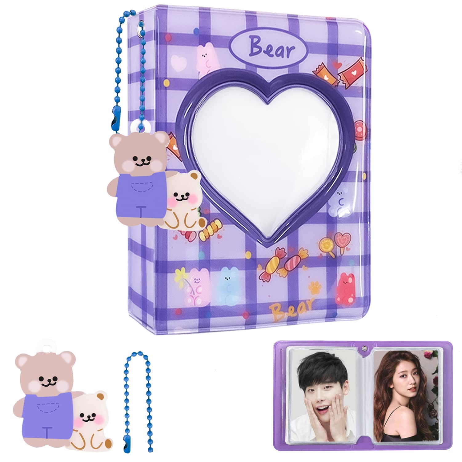 KeCool Kpop Photocard Holder 3 Inch Photocard Binder, Mini Photo Album Kpop Photocard Binder, Love Heart Hollow Kpop Photocard Album Kpop Binder Collect Album with Lovely Pendant (40 Pockets, Blue)