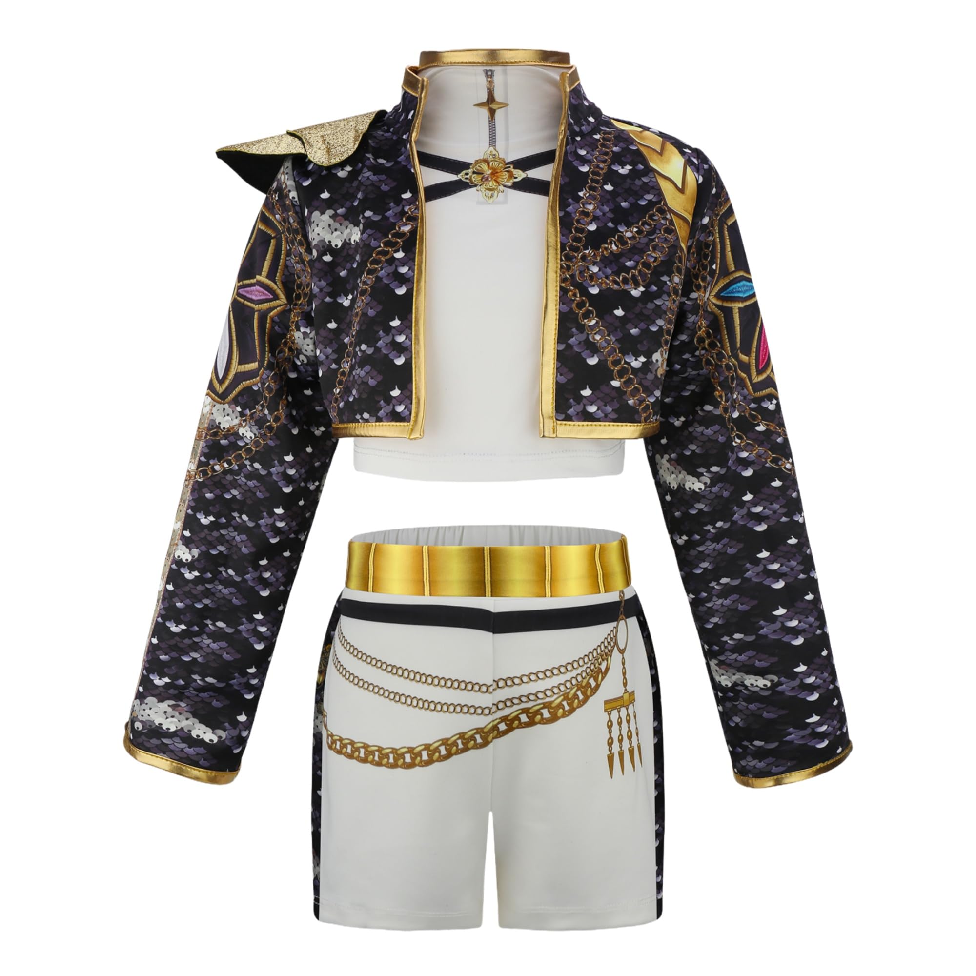 Tangsenyu Printing Black Costume Kids Girls Fancy Outfit Include Jacket T-shirt and Shorts