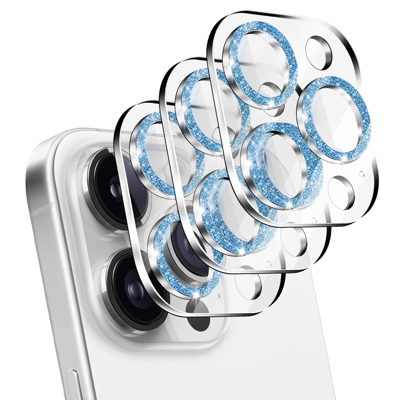NECARSIN 3 Pack for iPhone 16 Pro/iPhone 16 Pro Max Camera Lens Protector,Bling Tempered Glass 9 Hardness,Anti-Scratch High Definition Camera Screen Protector for iPhone 16 Pro/16 Pro Max (Blue)