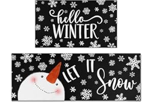 SDHINLWO Let It Snow Snowman Snowflake Winter Christmas Decorative Kitchen Mats Set of 2, Home Party Low-Profile Kitchen Rugs,Black Christmas Kitchen Mats for Floor 17x30+17x47 Inch