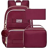 HPJGD 3PCS Girls Bookbag, 17" Water Resistant School Bag with Lunch Box, Cute Wine Red Backpack Set for Women College Teenagers High Middle Elementary