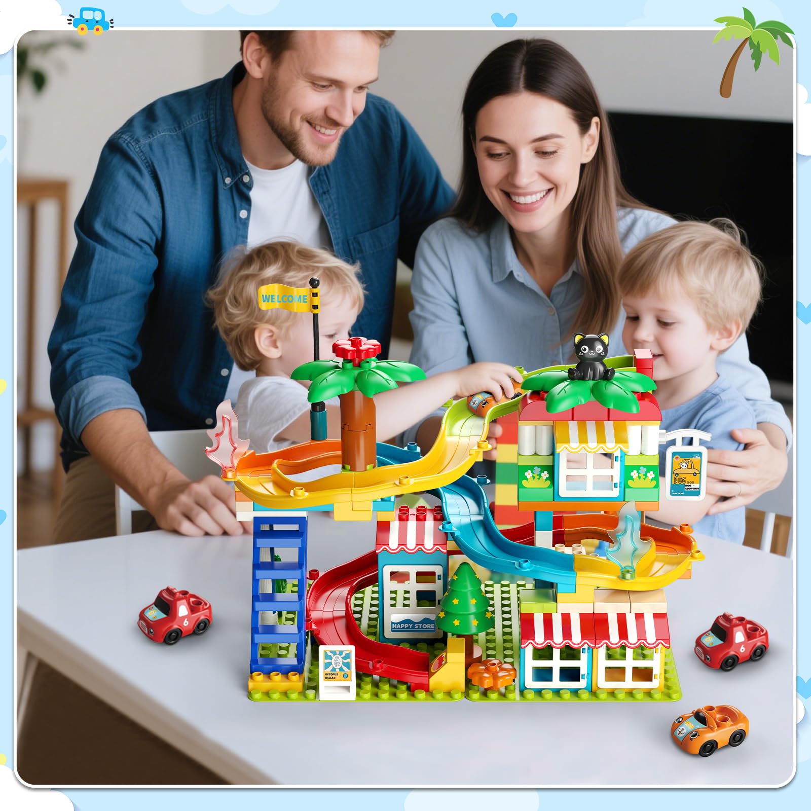 Marble Run Building Blocks,Classic Large Blocks Maze Track Sets with 4 Cars,STEM Toy Bricks Maze Puzzle Set Race Track Compatible with Major Brands for Age 3 4 5 6 7 8+ Boys Girls Gift