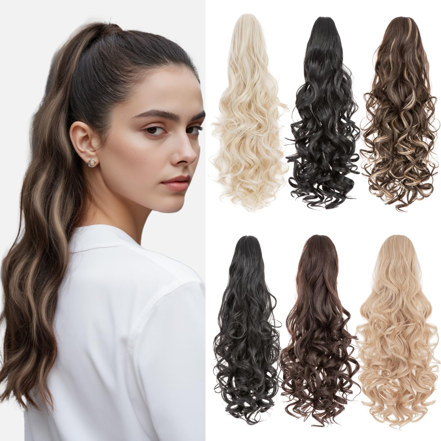 Benehair Claw Clip in Ponytail Hair Extensions 24 Inches Long Curly Wavy Ponytail Extensions Synthetic Drawstring Ponytail Hair Pieces for Women(Dark Brown with Blonde Highlights, 210g) — image 1