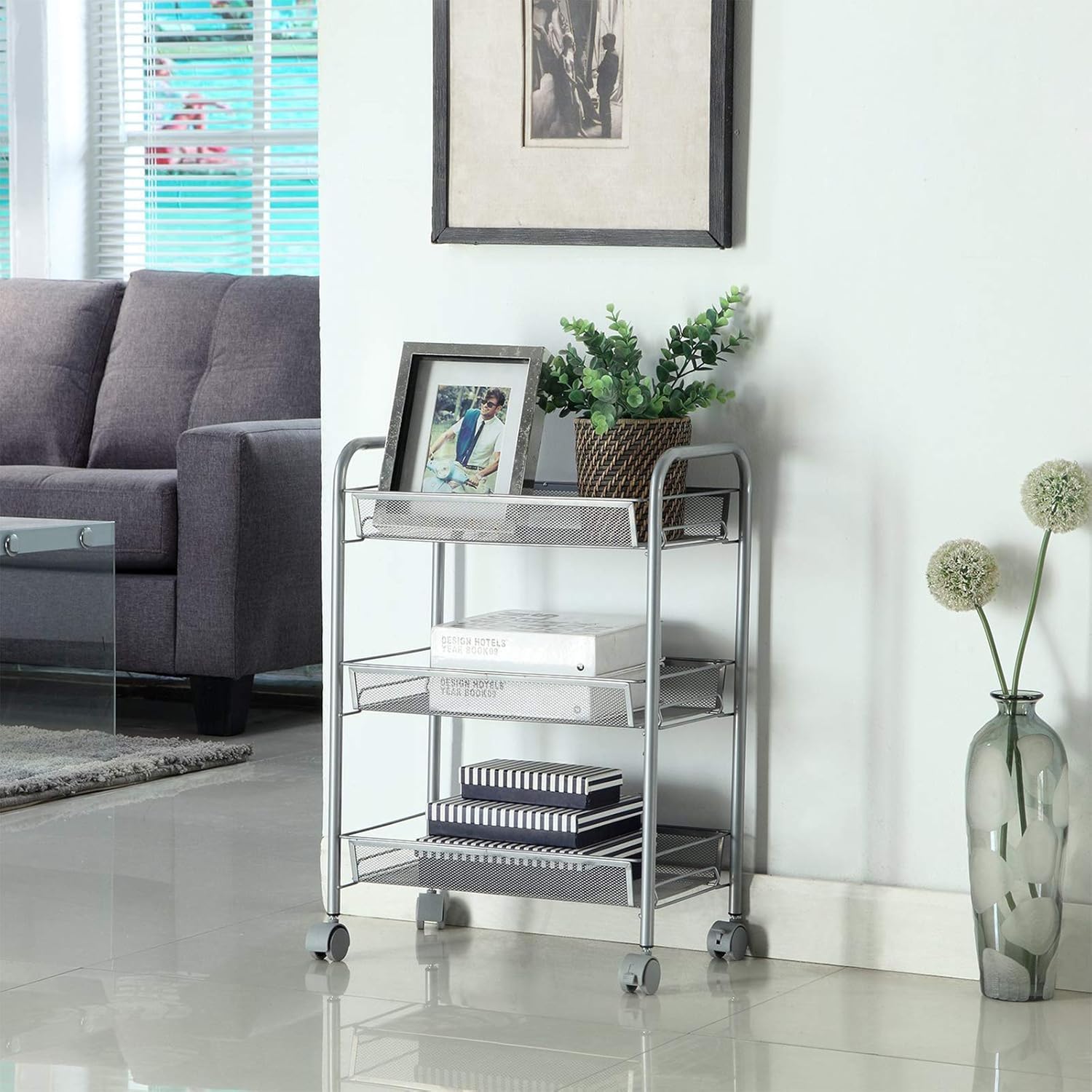 Homfa 3-Tier Mesh Wire Rolling Cart Multifunction Utility Cart Kitchen Storage Cart on Wheels, Steel Wire Basket Shelving Trolley,Easy Moving,Silver: Home & Kitchen
