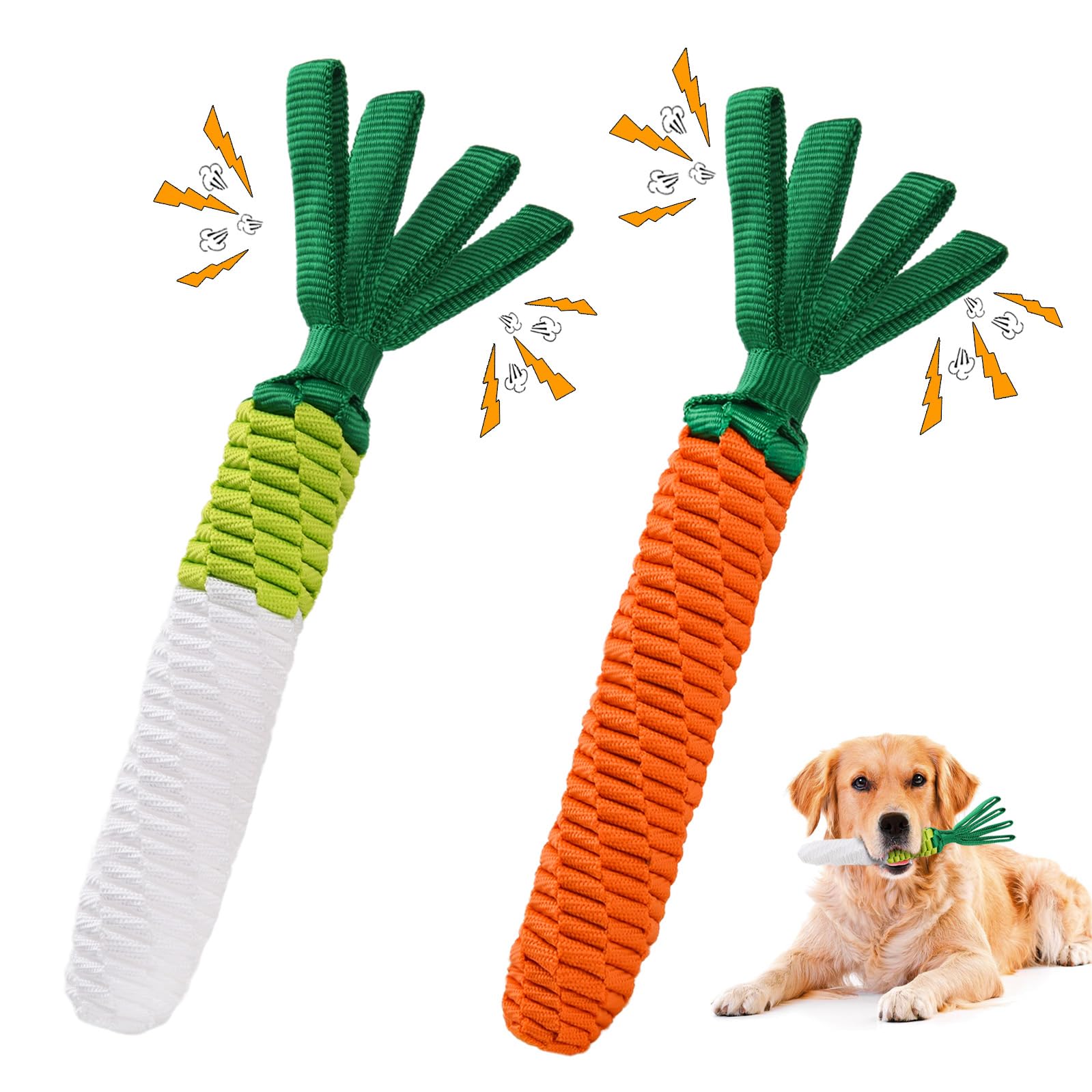 LIFLIX 2PCS Dog Rope Toy, Tug of War Dog Toy, Cute Carrot Toy with Crinkle Paper Tags, Radish and Carrot