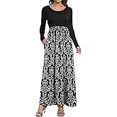 Women's Long Sleeve Loose Plain Long Maxi Casual Dresses with Pockets (Black White, X-Large)