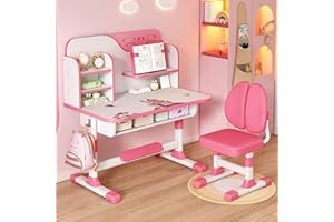 NEREIDS NET Premium Kids Study Desk Chair Set,Height Adjustable Children's Desk and Chair School Study Table Chair with Astronaut Pattern,Ergonomic Desk Chair with Writing Board, Bookshelf and Drawer Pink