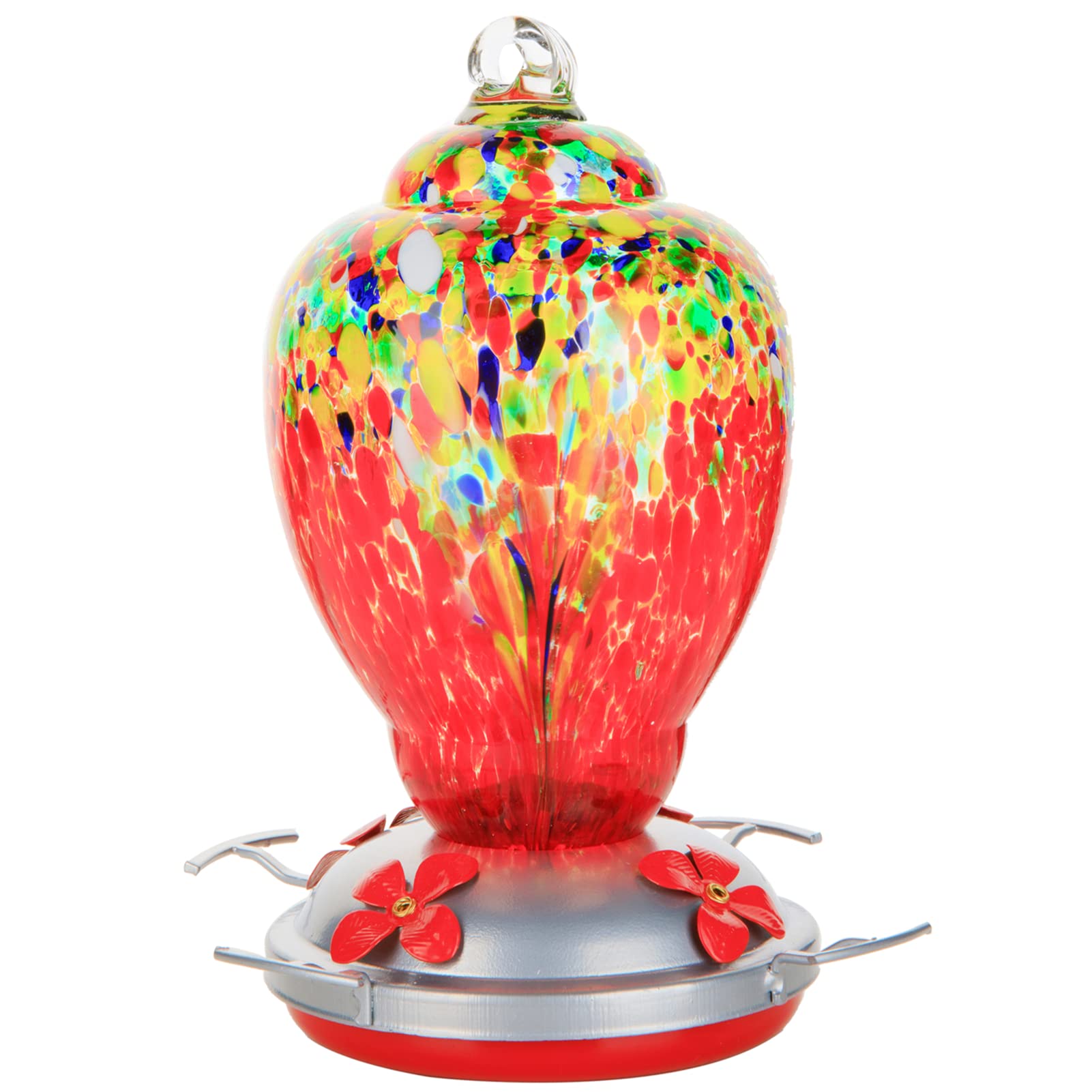Photo 1 of  Hummingbird Feeder for Outdoors Patio Large 32 Ounces Colorful Hand Blown Glass Hummingbird Feeder with Ant Moat Hanging Hook, Rope, Brush and Service Card (Red-Sunrise)