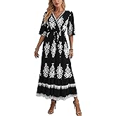 Bohjovoz Women’s V Neck Short Sleeves High Waist Floral Print Casual Bohemian Midi Dresses