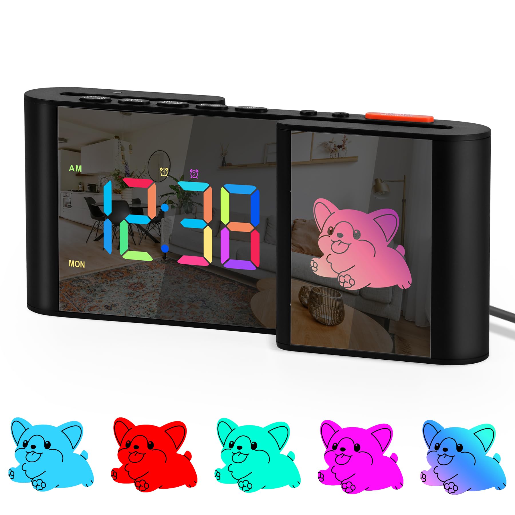 Alarm Clock,Alarm Clocks Bedside with Cute Cartoon,7.2''Large Mirror Clock,11 Colors Digital,10 Color RGB Cartoon,Week Display,Auto Dimming,Dual Alarms,USB Port,5 Levels Volume for Bedroom Table Decor