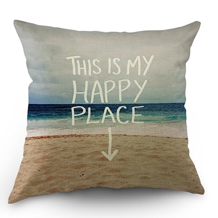Happy Place Quote Aqua Sky Sandy Beach Photo Bathroom Mat