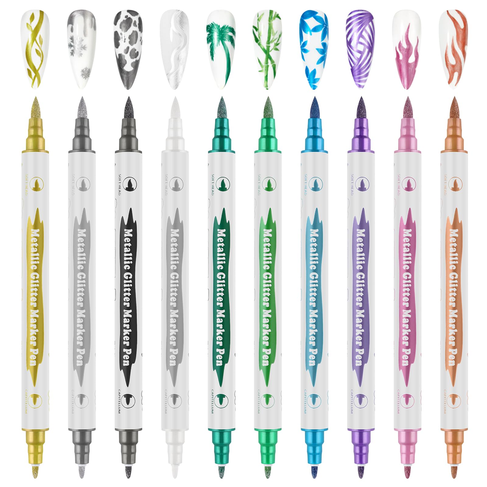 Photo 1 of 10 Color Metal Giltter 3D Nail Art Pens Set, Kalolary Double-ended Nail Point Dotting Pen Drawing Painting Liner Brush for DIY Nail Art Beauty Adorn Manicure Tools(G)