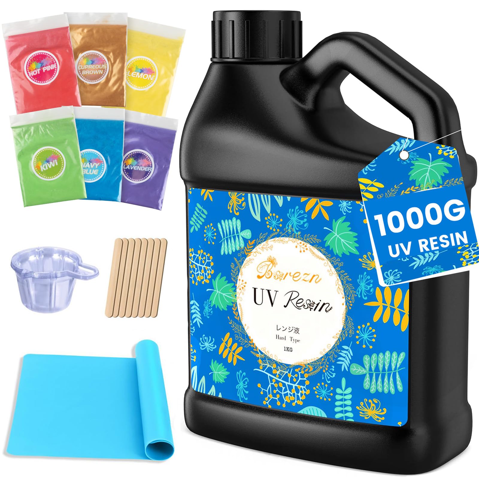 Bsrezn 1000g UV Resin Hard with Mica Powders of 6 Colors for Jewelry Making and Crafting (1000g x 1) Image