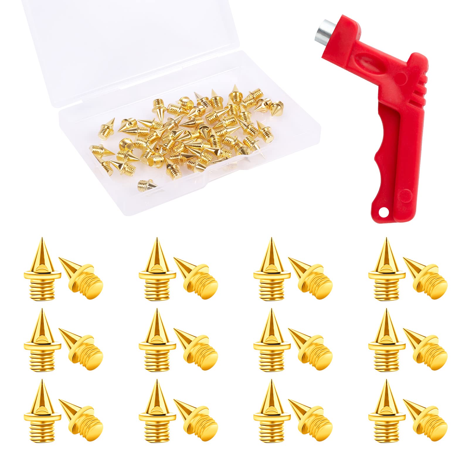 AIEX 50pcs Track Spikes Replacement 1/4 Inch with Spike Wrench, Sturdy Steel Cross Country Spikes Pyramid Spikes for Track Shoes Sports Shoes Long Jumping Running Jogging Hiking (Gold) (PMB23096-98)