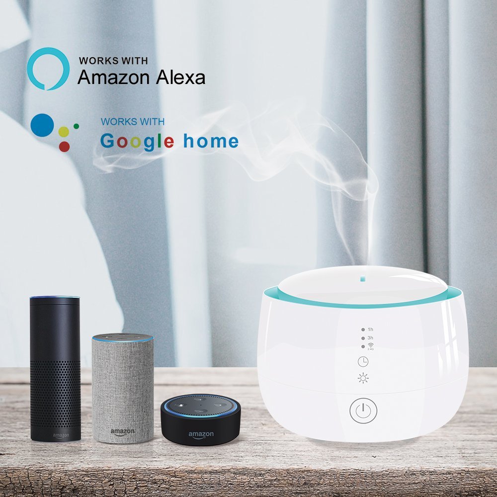 WiFi Essential Oil Diffuser Works with Alexa and Google Home 300ml for Aromatherapy with Adjustable Mist Modes Humidifiers, Ultrasonic Aroma Diffusers with Auto Shut-Off 7 Colorful LED Lights for Baby Room Home Spa (White)