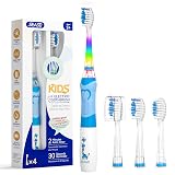 SEAGO Kids Electric Toothbrush with 2 Mins Brushing Timer and 4 Replacement Bursh Heads, Rainbow LED Light Make Brushing Fun, Boys Battery Powerd Toothbrush for 4-12 Years Old,SG-977 (Light Blue)