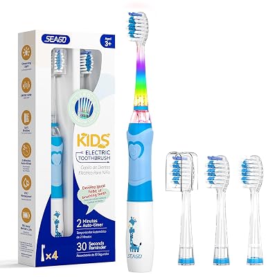 SEAGO Kids Electric Toothbrush with 2 Mins Brushing Timer and 4 Replacement Bursh Heads, Rainbow LED Light Make Brushing Fun, Boys Battery Powerd Toothbrush for 4-12 Years Old,SG-977 (Light Blue)