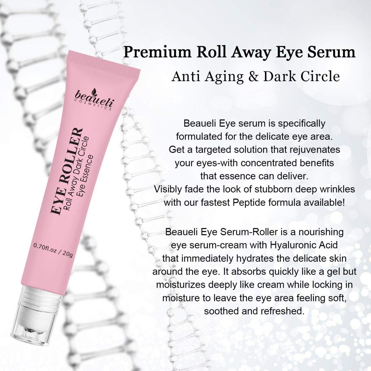 Eye Serum & Eye Roller for Anti Aging Skin Care with Hyaluronic Acid Niacinamide Peptide Dark Circles Puffiness Under Eye Bags Wrinkles Eye Cream Massager 0.7 fl.oz by beaueli: Beauty