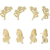Beadthoven Flower Butterfly Post Earring Studs with Loop, 18K Gold Plated Brass Earring Posts Christmas Crystal Cubic Zirconia Ear Pins for DIY Jewelry Making Findings Hole: 1.6mm Pin: 1mm 8PCS