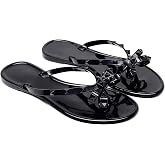 Libbook Womens Studded Sandals Flat Jelly Shoes Thong Flip Flops with Bow Stud Slip On Summer Beach Rivets Dressy Slides