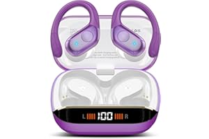 QECNATO Wireless Earbuds Bluetooth 5.4 Headphones 75H Playtime Stereo Deep Bass Sports Ear Buds with Earhooks, LED Display Bluetooth Earbuds with 4 ENC Mic, IP7 Waterproof Earphone for Running, Dark Purple