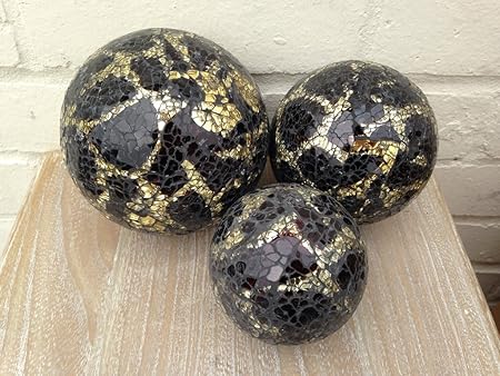 Mosaic Balls Set Of 3 Decorative Tiger Black Gold Glass Baubles