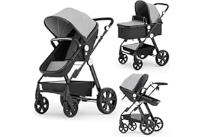 CYNEBABY Newborn Infant Baby Bassinet Stroller - Sleeping & Sitting Mode 2 in 1 All Terrain High Landscape Shock Absorption Sunshade Comfortable Baby Toddler Strollers for 0-36 Months Old Babies Gray