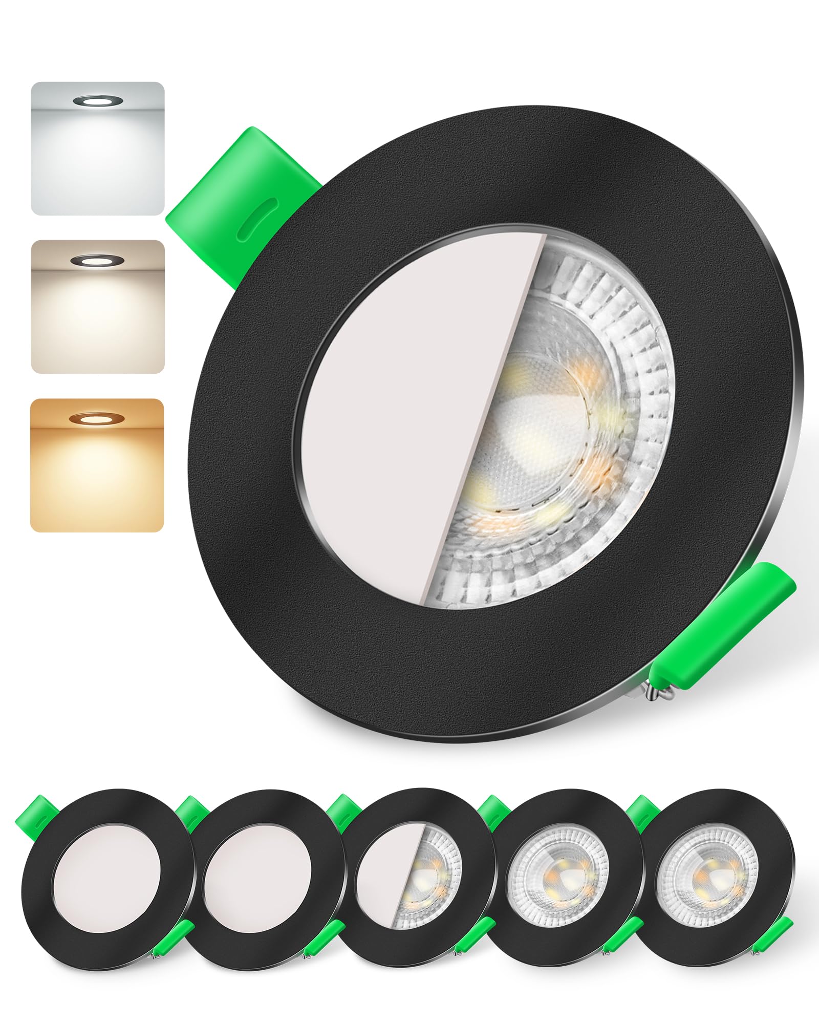 ALUSSO LED Downlights Dimmable 6W, 540lm Ultra Slim Spotlights 68-75mm, IP44 Recessed Lights Warm White 3000K Natural White 4000K Cool White 6500K for Bathroom Kitchen, Black