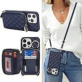 Hamany Crossbody Wallet Case for iPhone 14 Pro Max, PU Leather Zipper Handbag Purse Flip Cover, Kickstand Folio Case with Card Slots Holder Wrist Strap Lanyard 5G 6.7 Inch-Blue